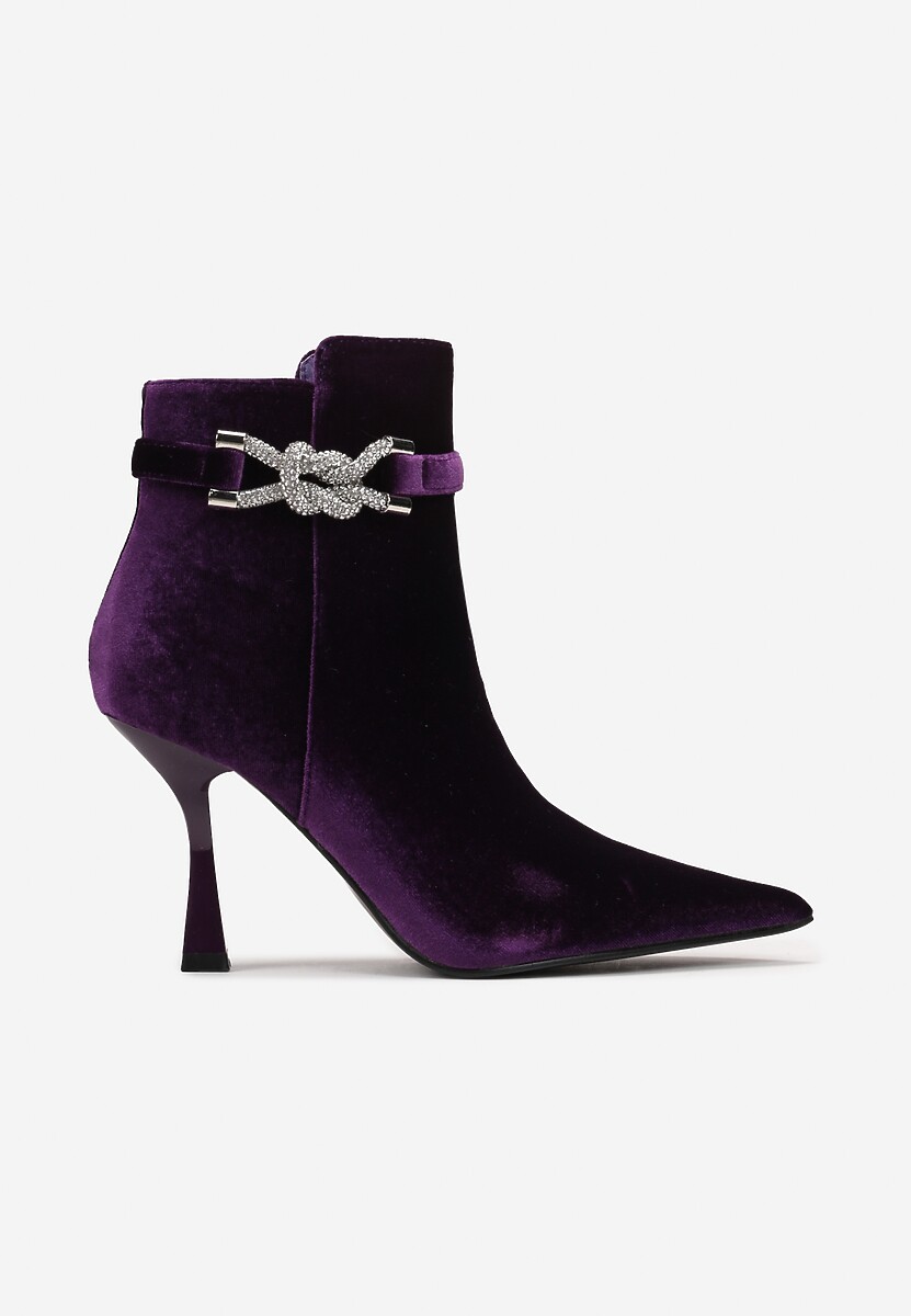Fioletowe Botki z Welurowego Materiału na Geometrycznej Szpilce z Ozdobą z Cyrkoniami Christe