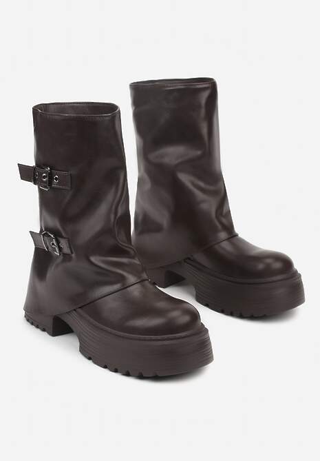 Ciemnobrązowe Botki Biker Vices z Wywiniętą Cholewką Platformą i Klamrami Reinila