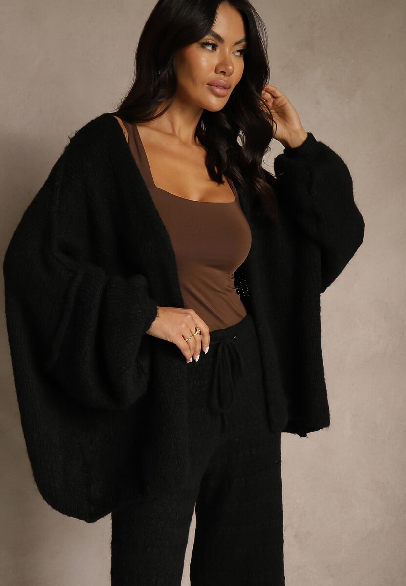 Brązowe Spodnie Wide Leg z Dzianiny z Dodatkiem Wełny i Wiskozy Tiesania