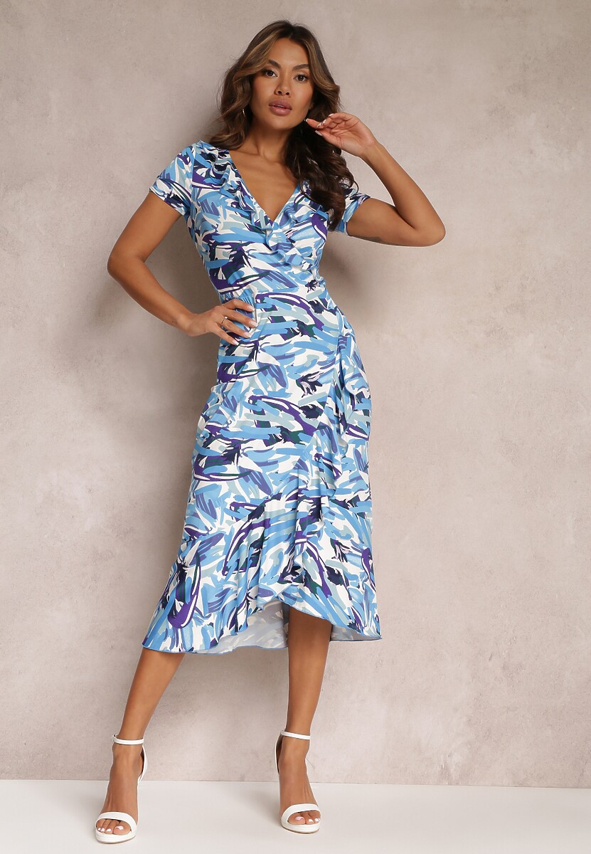 Niebieska Kopertowa Sukienka z Falbanką i Fantazyjnym Wzorem Underhill