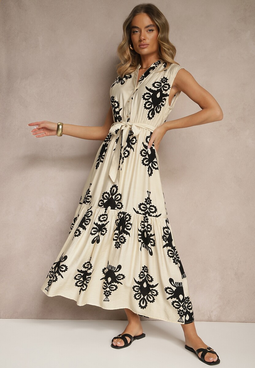 Czarna Wiskozowa Sukienka o Rozkloszowanym Kroju z Wiązanym Paskiem Mirasela