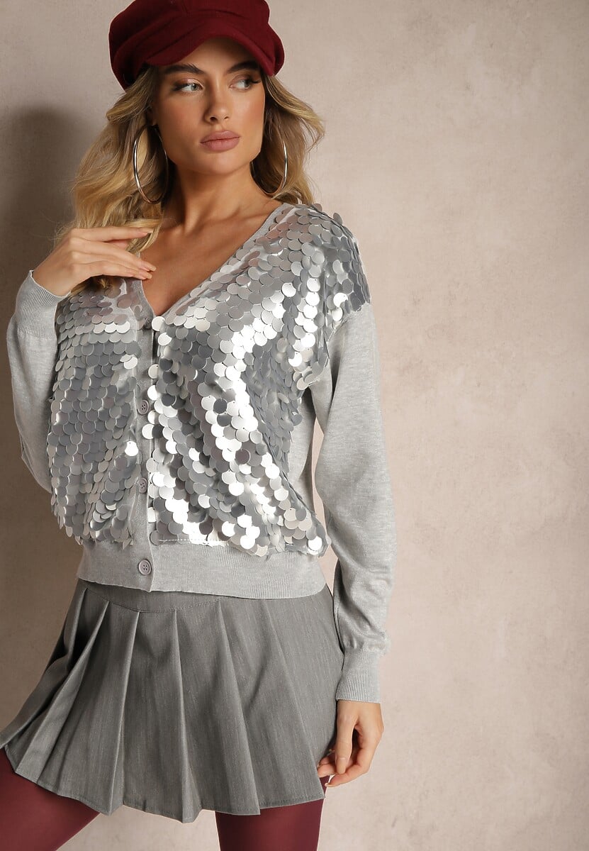 Beżowy Kardigan na Guziki z Wiskozą i Cekinami Evelith