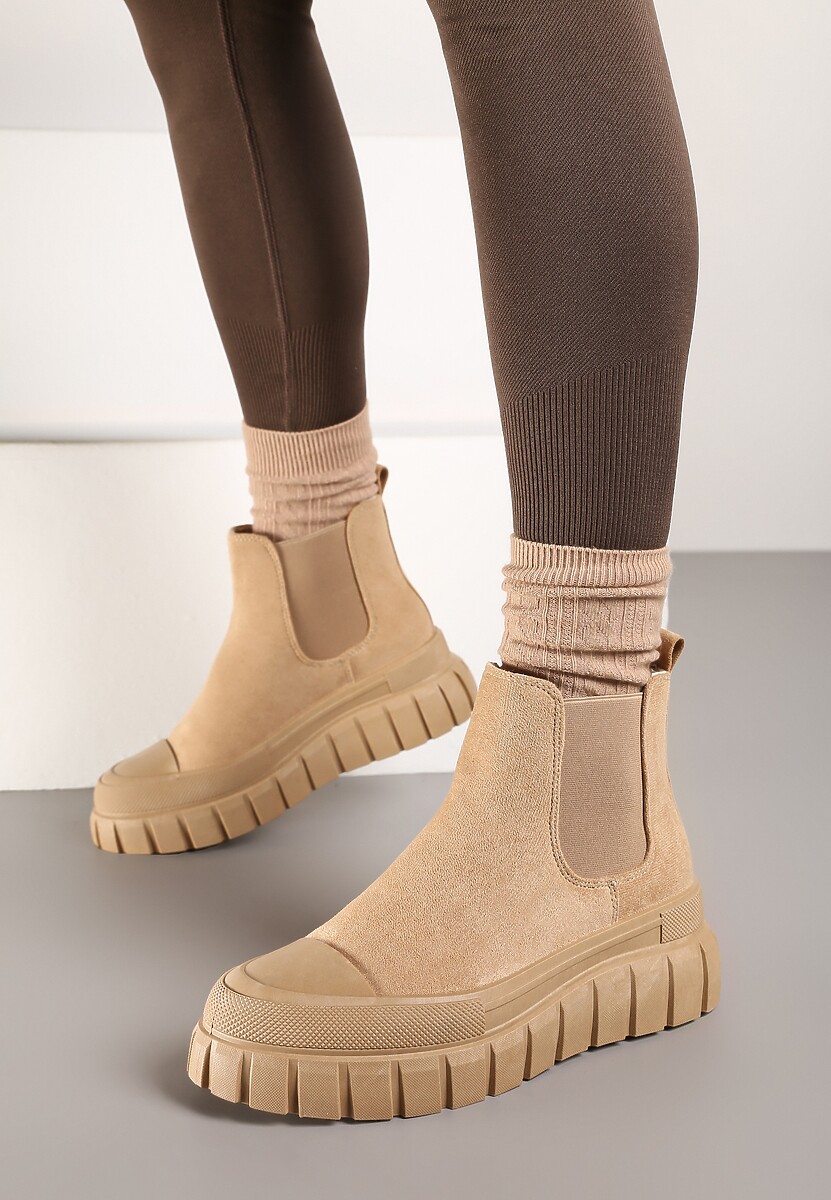 Beżowe Botki Sztylety za Kostkę na Platformie Divit