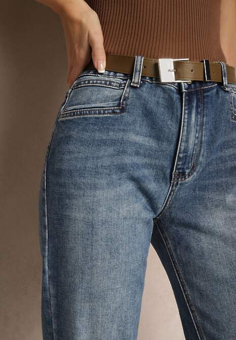 Niebieskie Jeansy Regular z Ozdobnie Wywiniętymi Nogawkami i Paskiem Corenamia