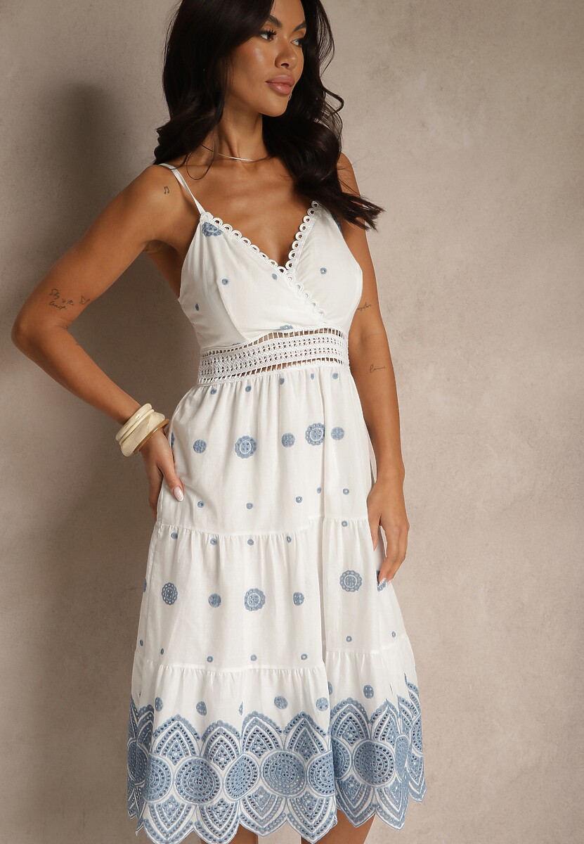 Biała Sukienka z Bawełny Zdobiona Haftem i Ażurowymi Wstawkami Silassa