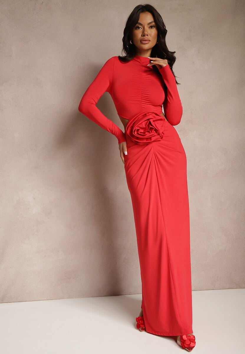 Bordowa Koktajlowa Sukienka z Wiskozą Ozdobiona Kwiatem 3D i Wycięciami Hannith