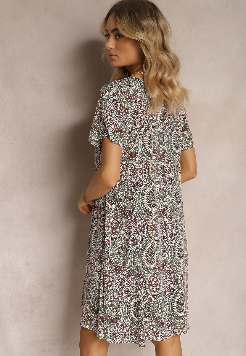 Zielono-Różowa Krótka Sukienka w Stylu Boho z Elastycznej Wiskozy z Krótkimi Rękawami Ailoni