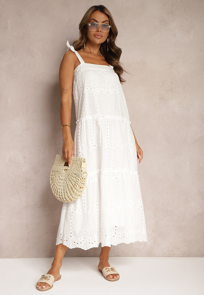 Biała Sukienka na Ramiączkach z Bawełny z Ozdobnym Haftem i Kokardkami Rennea