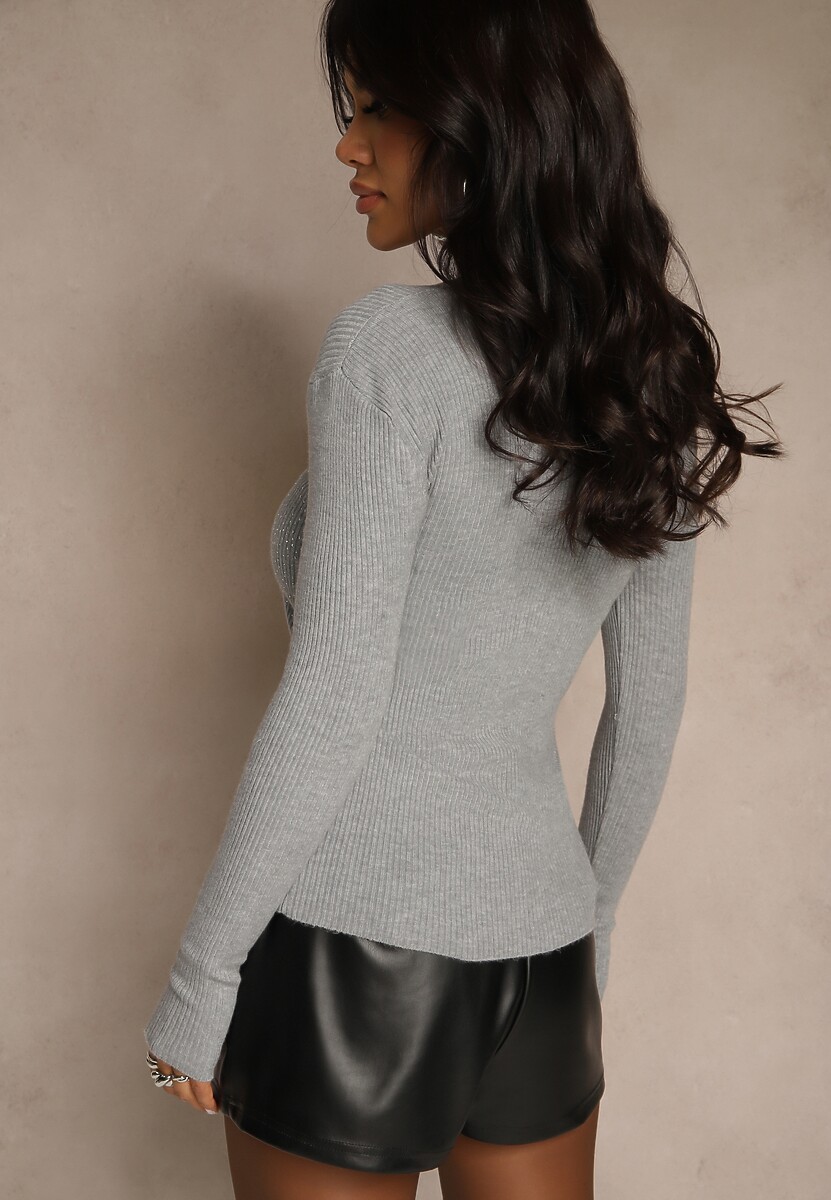 Szary  Prążkowany Sweter z Bawełną Ozdobiony Cyrkoniami Romila