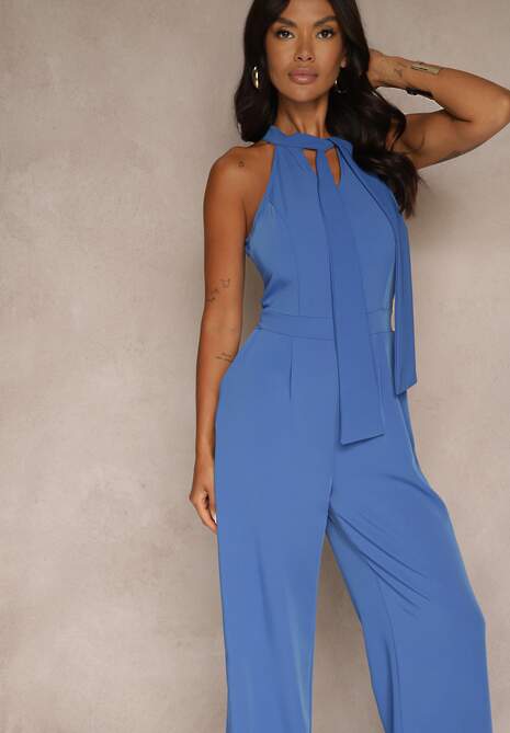 Niebieski Kombinezon Wide Leg z Ozdobnym Wiązaniem przy Szyi Silelia