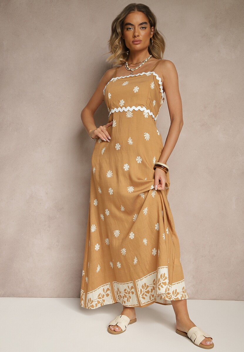 Brązowa Sukienka z Wiskozy Ozdobiona Geometrycznym Motywem Lunessa