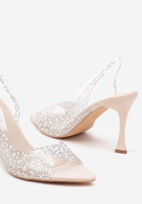 Beżowe Sandały na Szpilce z Transparentną Cholewką Ozdobione Perełkami i Cyrkoniami Risaras