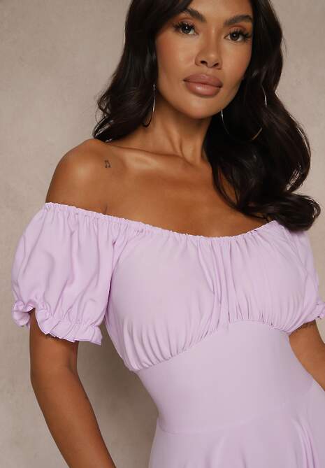 Fioletowa Sukienka Hiszpanka z Bawełną Ozdobiona Bufkami Lunoria