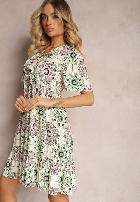 Zielona Sukienka z Wiskozowej Tkaniny w Mozaikowy Wzór Boho Naviera