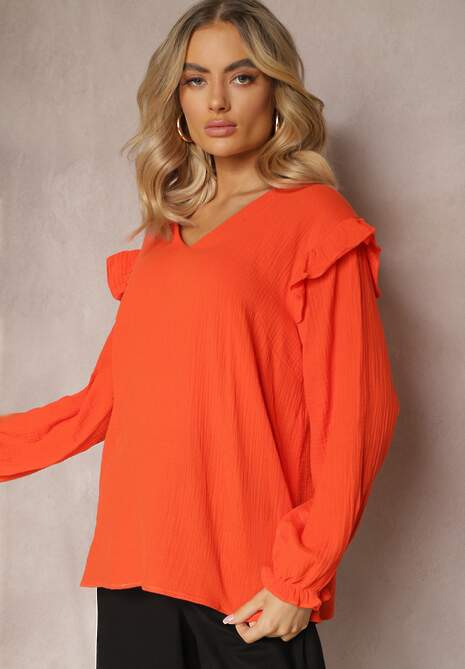 Pomarańczowa Bawełniana Bluzka z Trójkątnym Dekoltem i Ozdobną Falbanką Redsta
