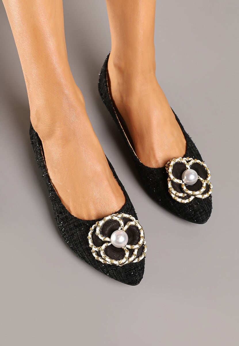 Czarne Balerinki Tweedowe Ozdobione Perełkami Ulioriela