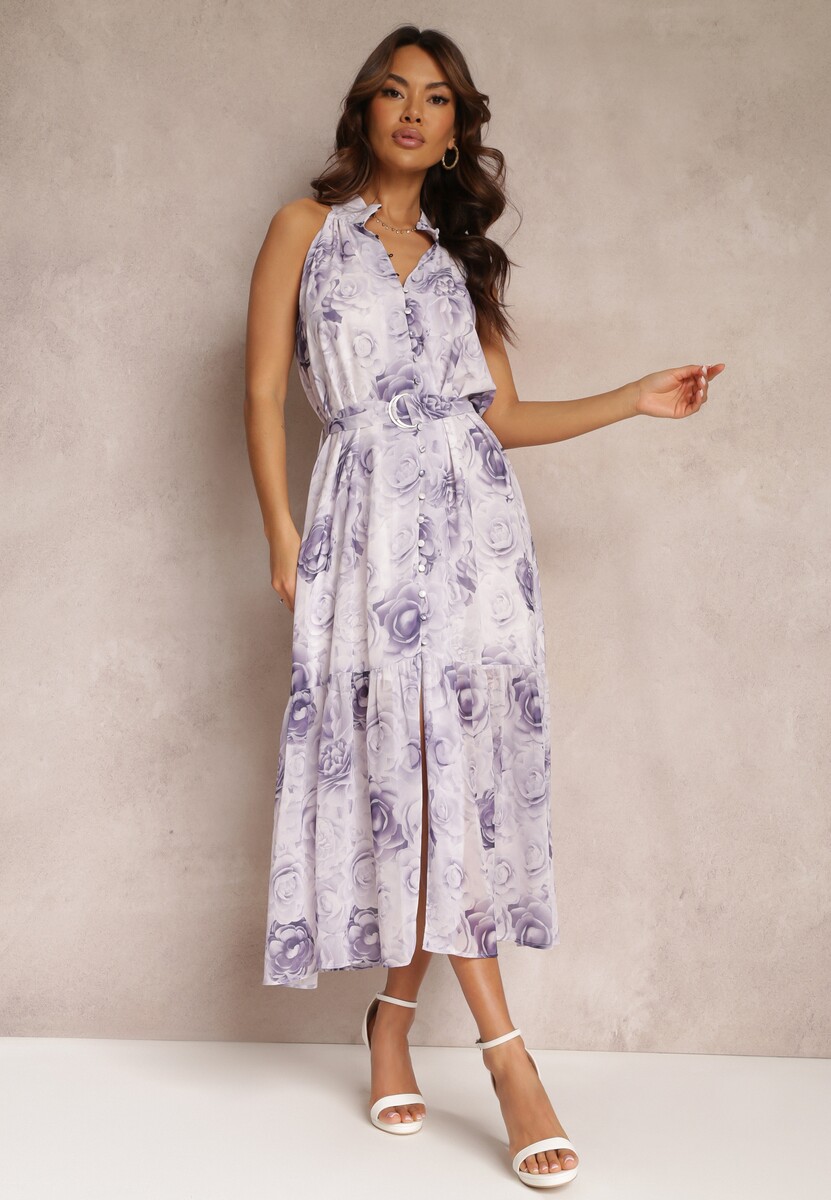 Biało-Czarna Rozkloszowana Sukienka w Kwiaty z Paskiem Ademora