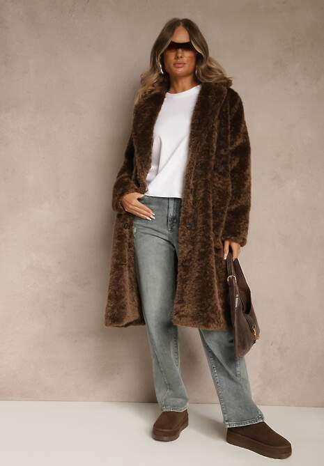 Brązowy Futrzany Płaszcz o Długim Kroju Typu Teddy Tadelia