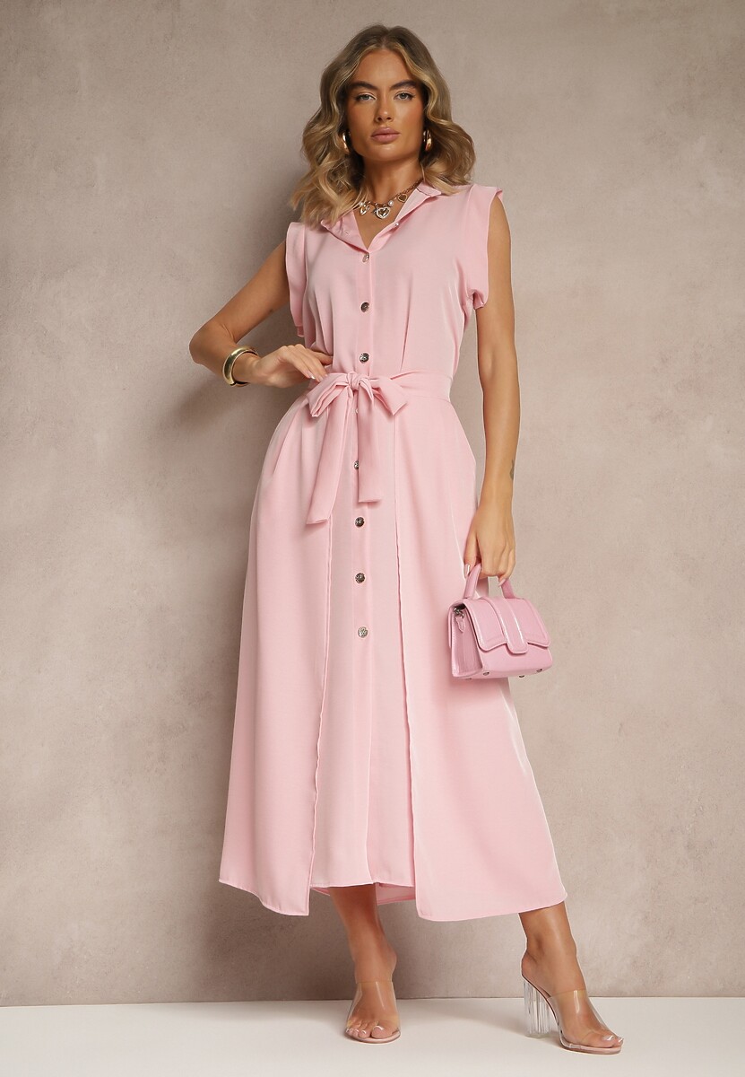 Różowa Sukienka z Paskiem Koszulowa o Rozkloszowanym Fasonie Mavoselle