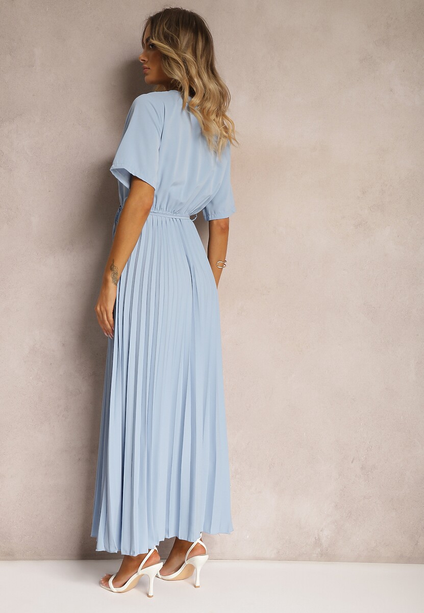 Niebieska Rozkloszowana Sukienka Plisowana z Wiązanym Paskiem Eilemona