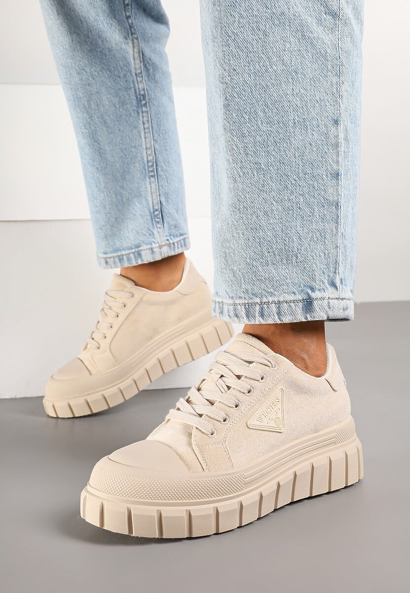 Beżowe Sneakersy Vices na Platformie z Ozdobą i Napisem Leawen