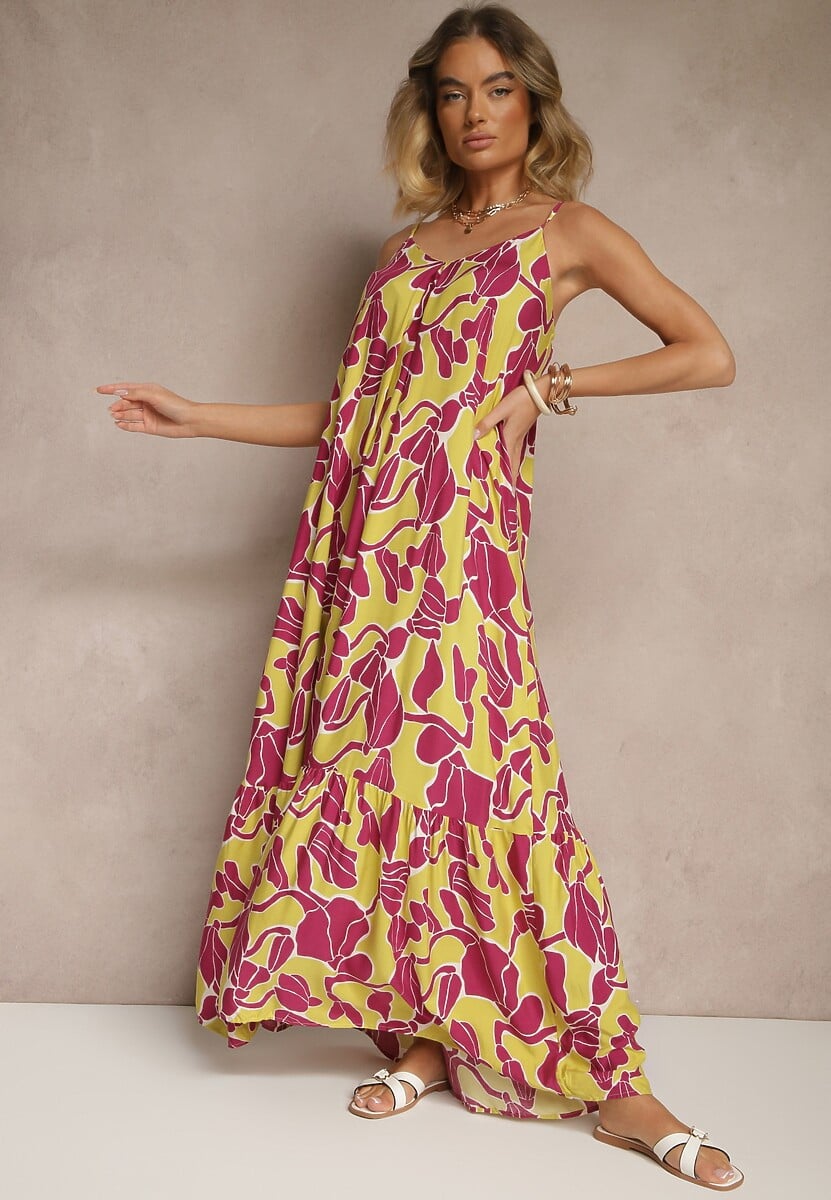 Jasnozielona Wiskozowa Sukienka o Rozkloszowanym Kroju na Cienkich Ramiączkach Sepalina