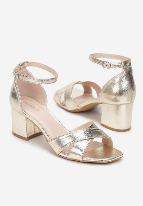 Złote Sandały na Niskim Słupku z Paskami Caylor