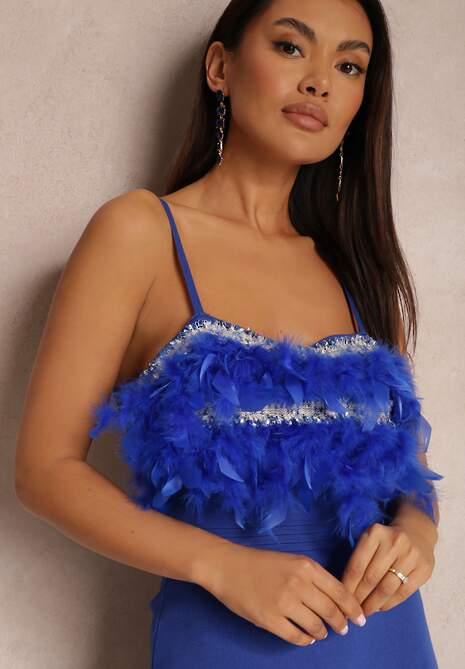 Granatowa Sukienka Dopasowana z Piórkami przy Dekolcie Lefouto