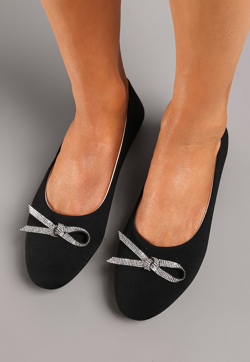 Czarne Wsuwane Balerinki na Płaskiej Podeszwie Ozdobione Kokardką i Cyrkoniami Pimenna