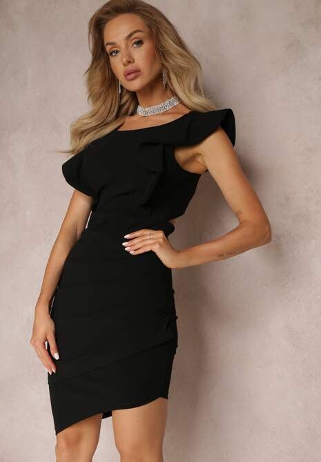 Czarna Dopasowana Sukienka Asymetryczna Siboa