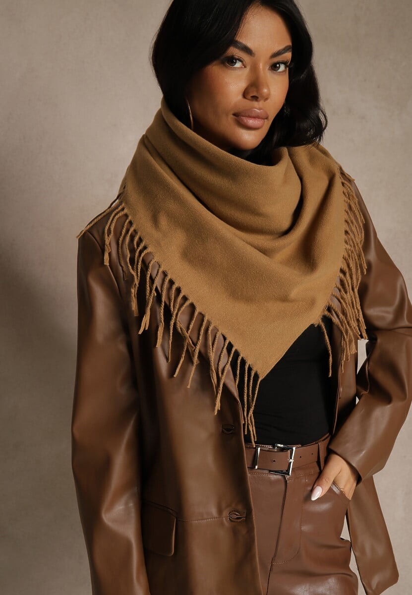 Jasnobrązowy Szalik w Kształcie Trójkąta z Frędzlami Vetifare