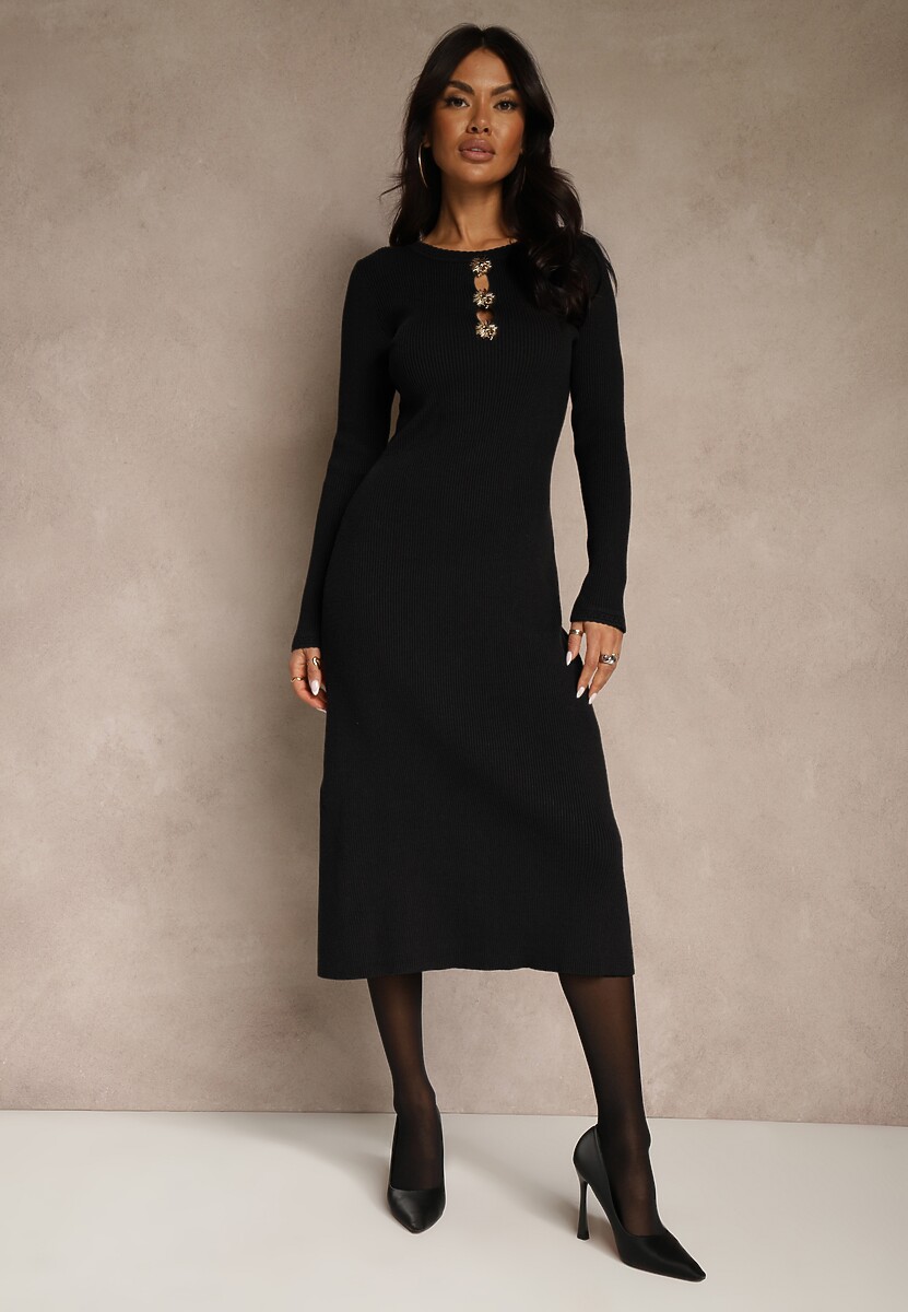 Czarna Prążkowana Sukienka z Dzianiny z Wiskozą Zdobiona Aplikacjami Tusmeira