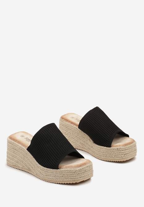 Czarne Klapki Ozdobione Plecionką na Platformie i Koturnie Froolia