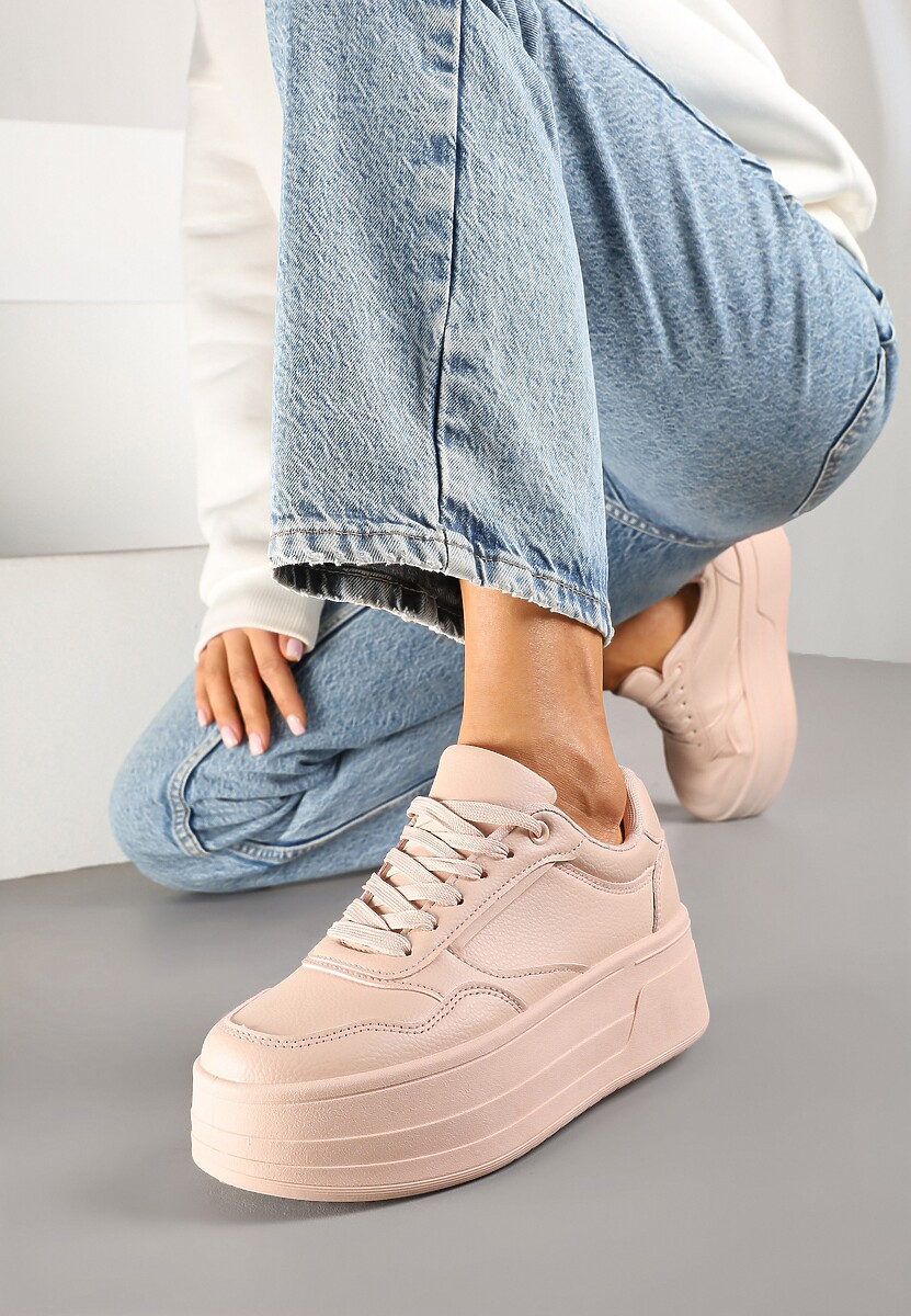 Beżowe Sneakersy na Platformie Ozdobionej Tłoczeniem Vaiviera