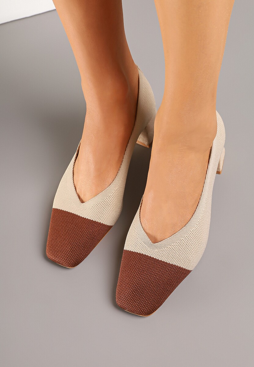 Ciemnobeżowe Czółenka na Słupkowym Obcasie z Ozdobnym Noskiem Korienna