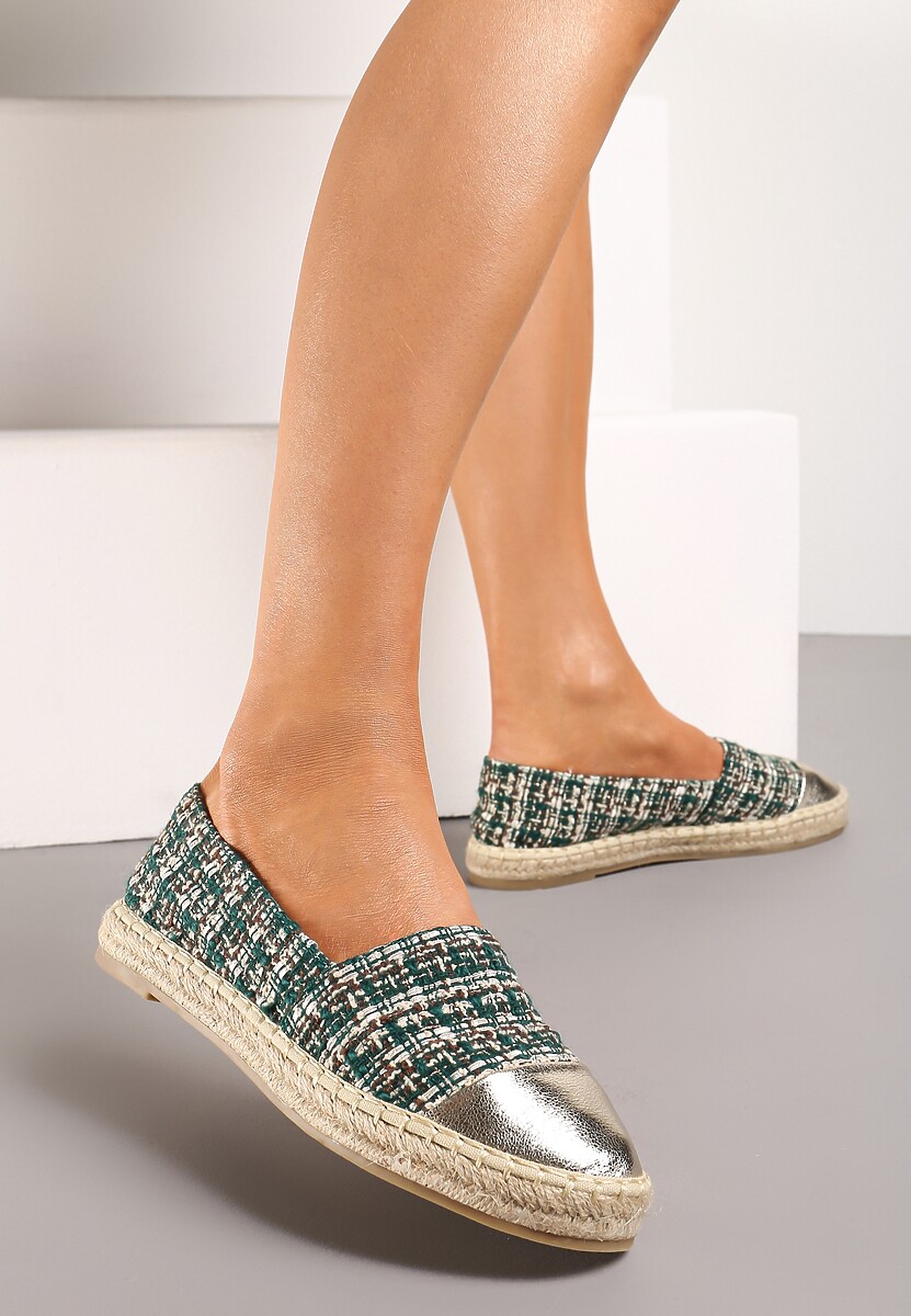 Beżowe Espadryle z Tweedowego Materiału z Plecionką na Podeszwie Hexiria