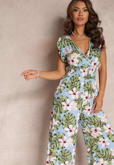 Jasnoniebieski Długi Kombinezon Bawełniany w Kwiaty Vegita