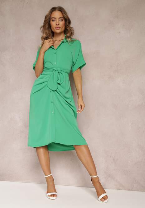 Zielona Sukienka Koszulowa Wiązana z Przodu z Marszczeniem Raimona