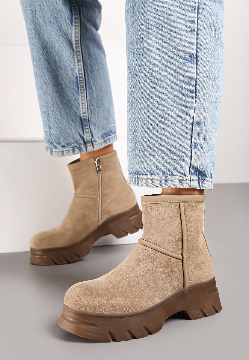 Ciemnobeżowe Ekozamszowe Botki na Grubej Podeszwie Cinzina