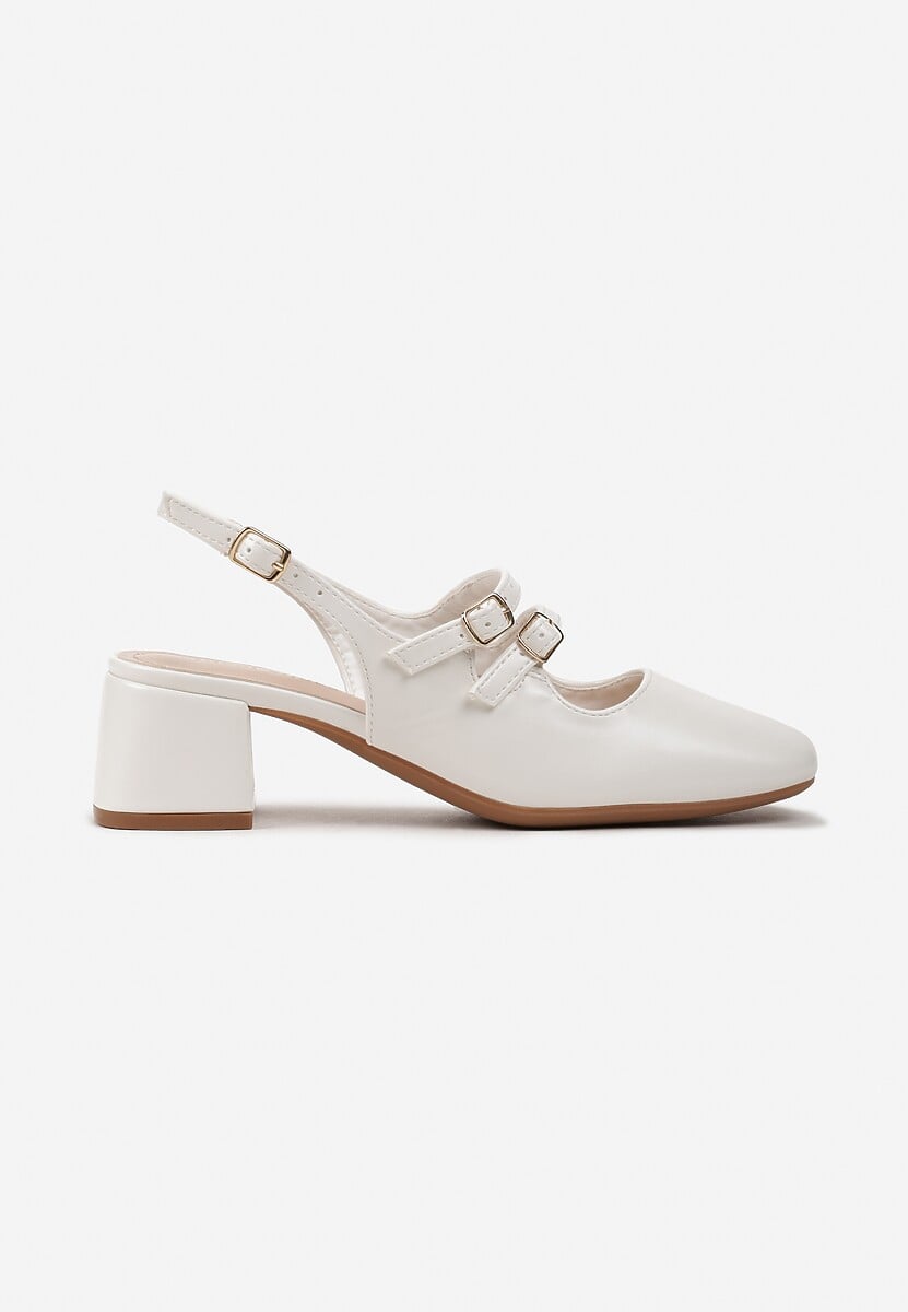 Białe Czółenka z Imitacji Skóry ze Sprzączkami na Niskim Słupku Anelive