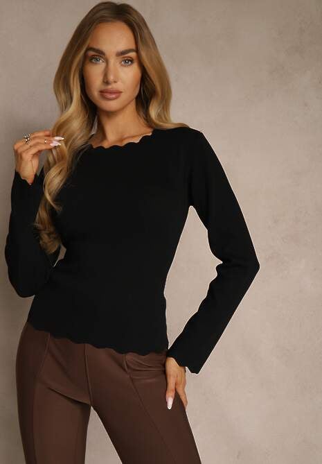 Czarny Sweter z Wiskozą i Ozdobną Falbanką Mevidella