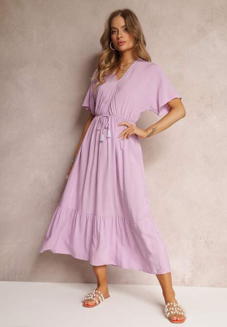 Fioletowa Wiskozowa Sukienka z Troczkiem z Frędzlami i Gumką w Pasie Tresis