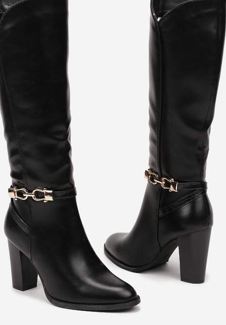 Czarne Kozaki na Słupku Muszkieterki z Klamerką Vortilina