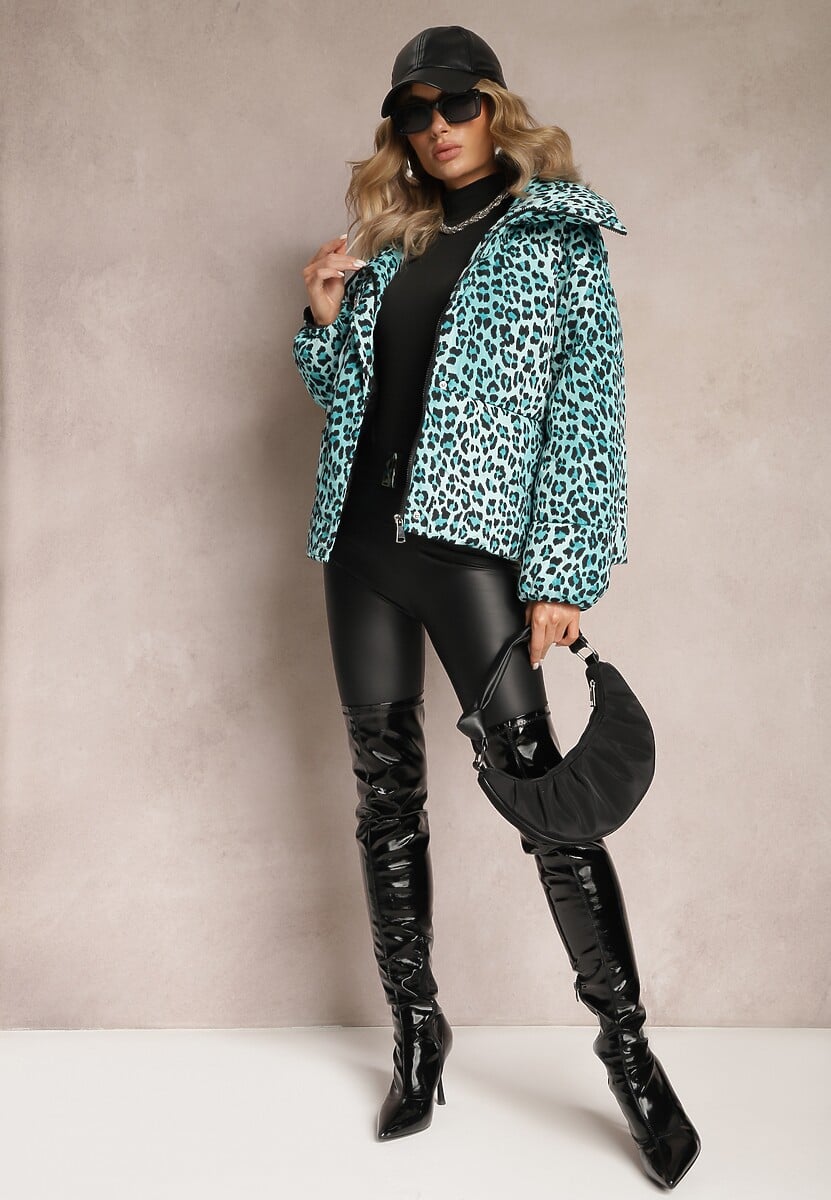 Jasnozielona Kurtka w Cętki z Pikowaniem i Kołnierzem Gelasa