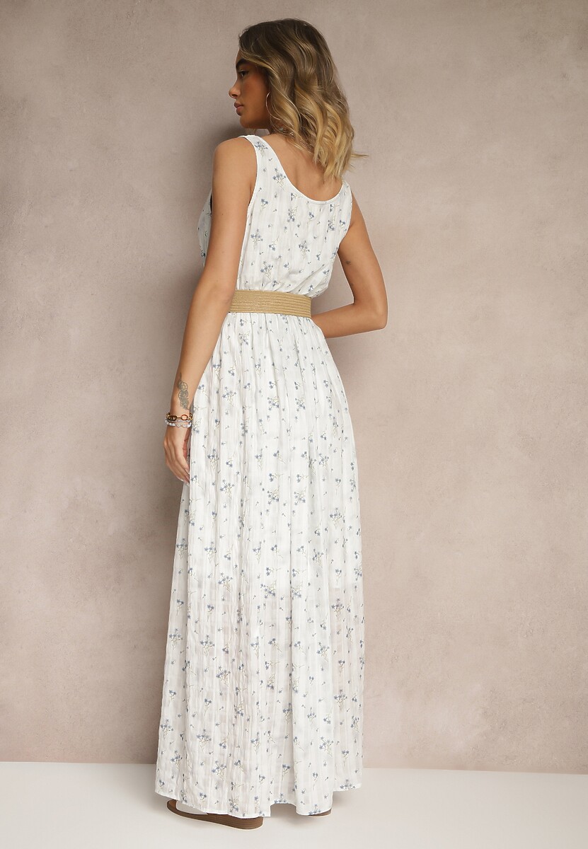 Jasnoniebieska Kwiatowa Sukienka o Rozkloszowanym Kroju z Paskiem z Plecionki Iffonvia