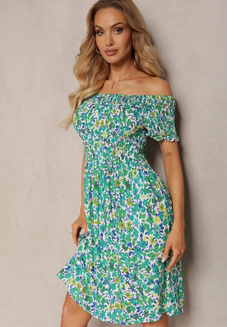 Zielona Sukienka z Wiskozy Hiszpanka z Gumką w Pasie Atriada