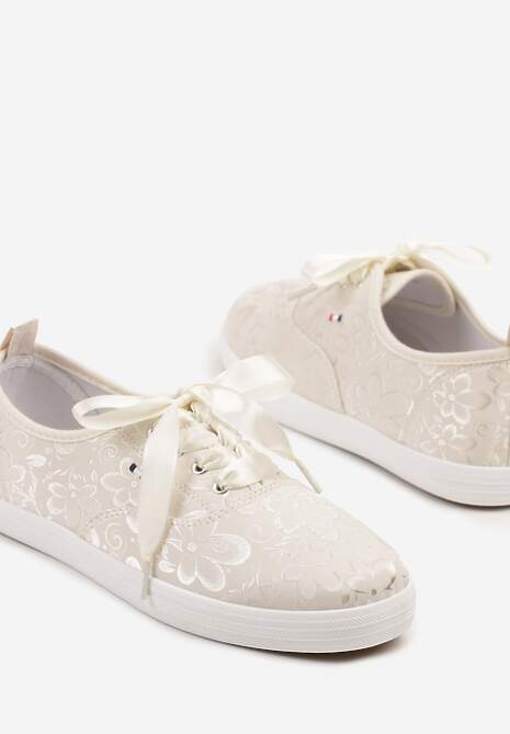 Beżowe Tenisówki Wiązane Wstążką Zdobione Tłoczeniem w Kwiaty Palesiela