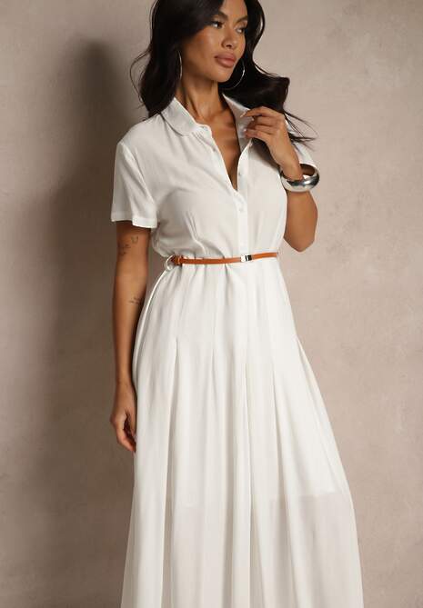 Biała Koszulowa Sukienka z Wiskozy z Cienkim Paskiem Filanella