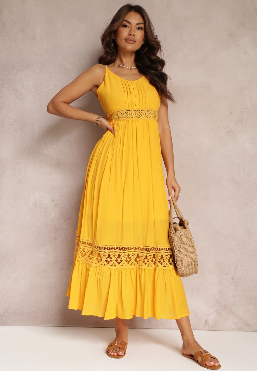 Żółta Rozkloszowana Sukienka Maxi z Falbanką i Koronką Luluma