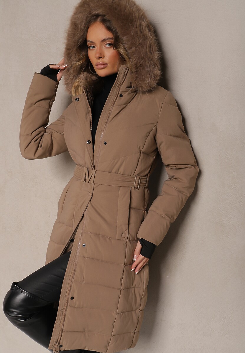 Ciemnobeżowa Kurtka z Odpinanym Futerkiem Taliowana o Długim Fasonie Delavira